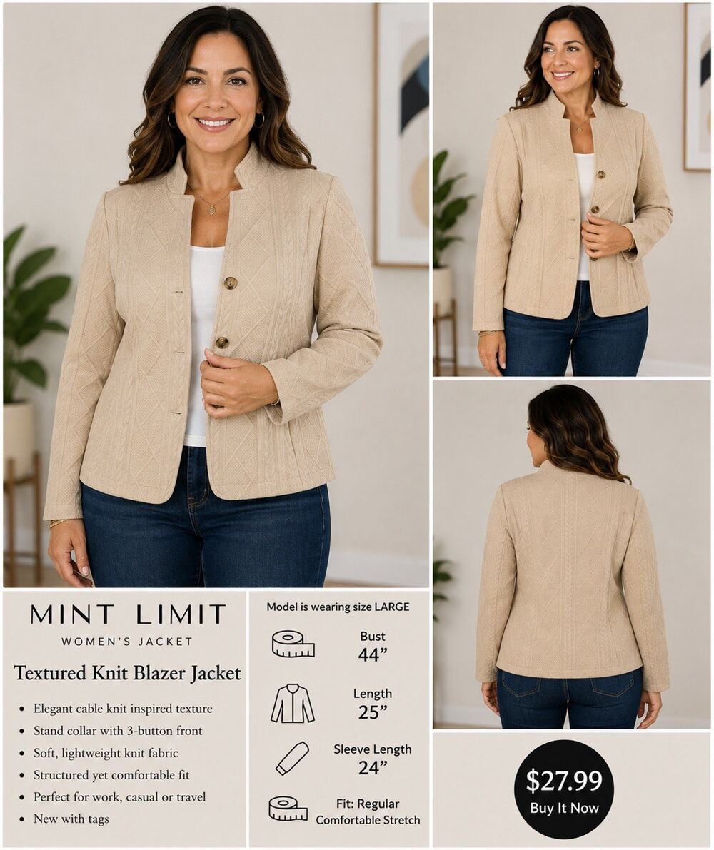 🆕Mint Limit Women’s L Beige Cable Knit Textured Blazer Jacket 3 Button NWT